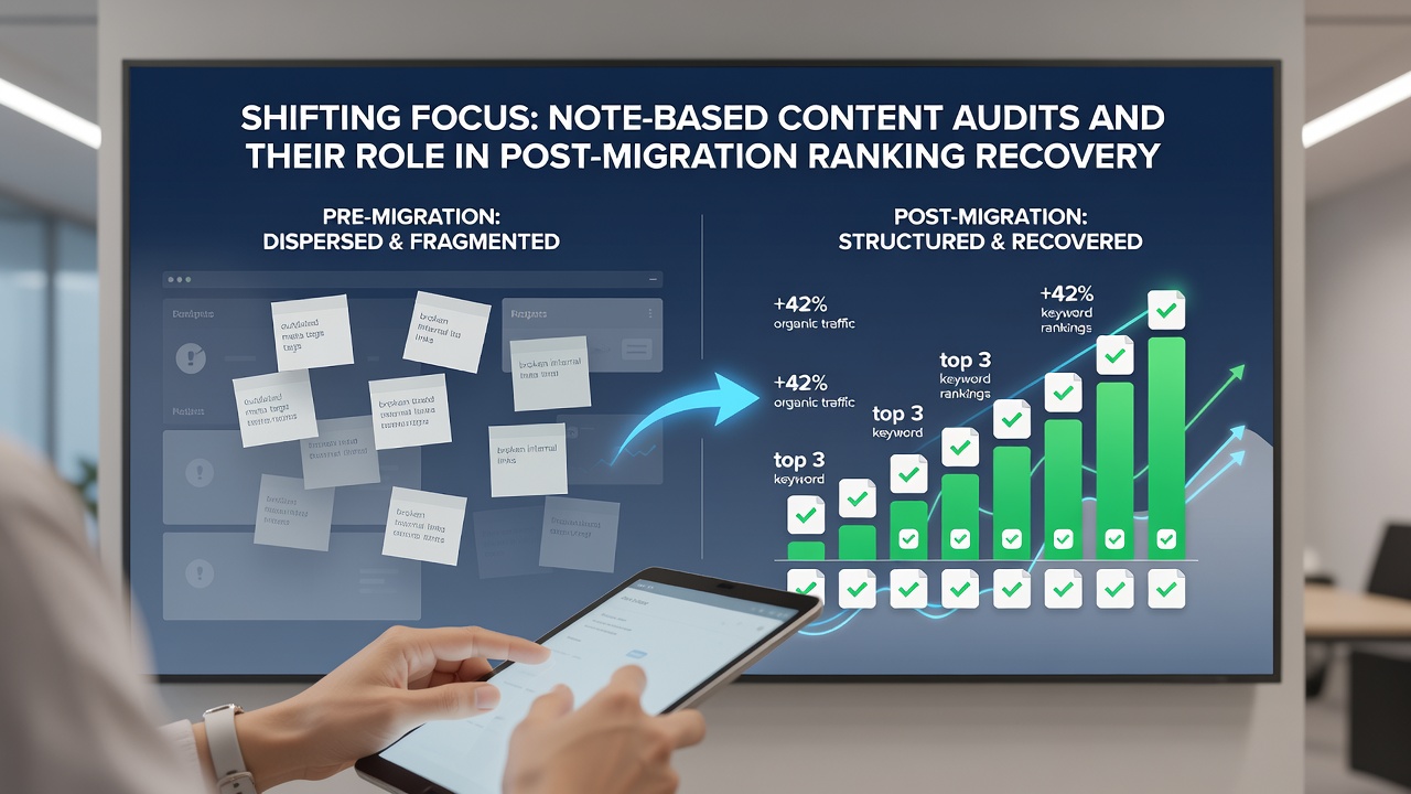 Screenshot of annotated content audit spreadsheet highlighting notes on migrated pages and ranking metrics